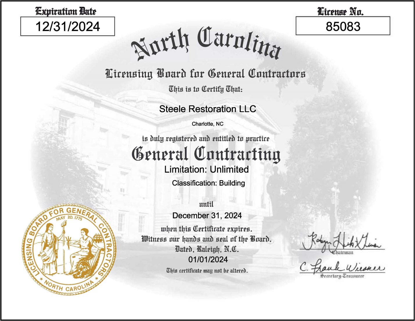 North Carolina General Contractor License Photo