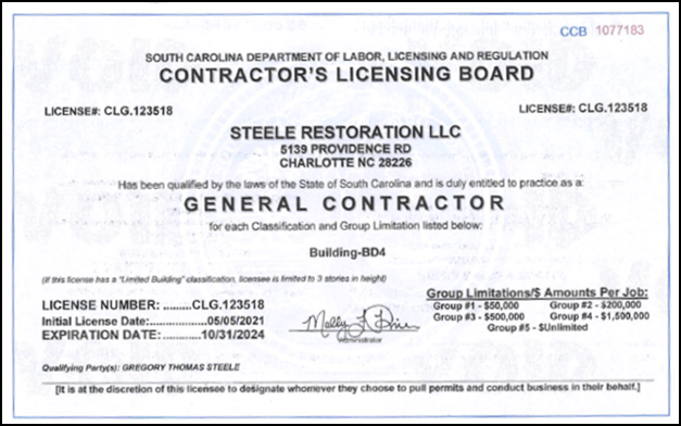 South Carolina General Contractor License Photo